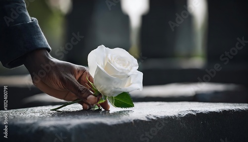 A Black mans hand gently places a white rose on a tombstone in a serene cemetery setting. Generative AI