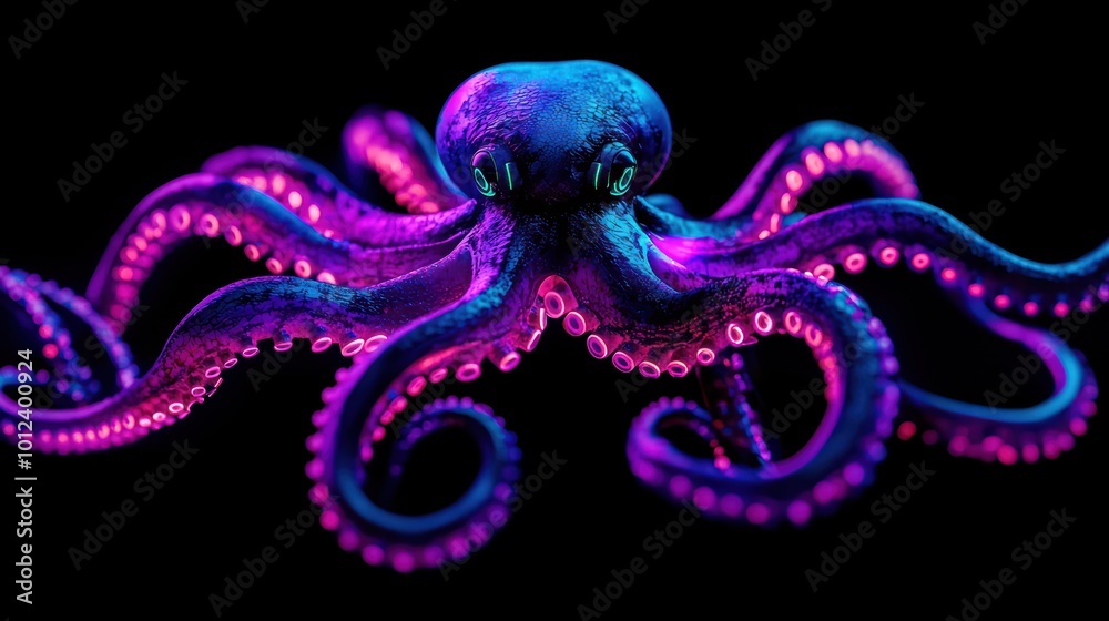 A vibrant octopus displays its colorful tentacles against a dark background, showcasing its unique features and patterns. A vibrant octopus displays its colorful tentacles against a dark background, showcasing its unique features and patterns.