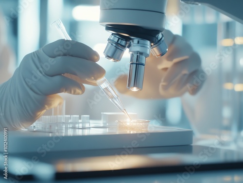 Close-up of a scientist using a pipette in a modern biology lab, microbiology samples under the microscope, DNA analysis, high-definition details photo