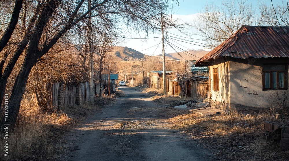 Rustic Country Road with Houses and Hills Rustic Country Road with Houses and Hills