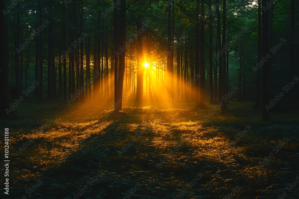 Naklejka premium Sunlight shining through dense forest trees in morning fog, creating a mystical atmosphere