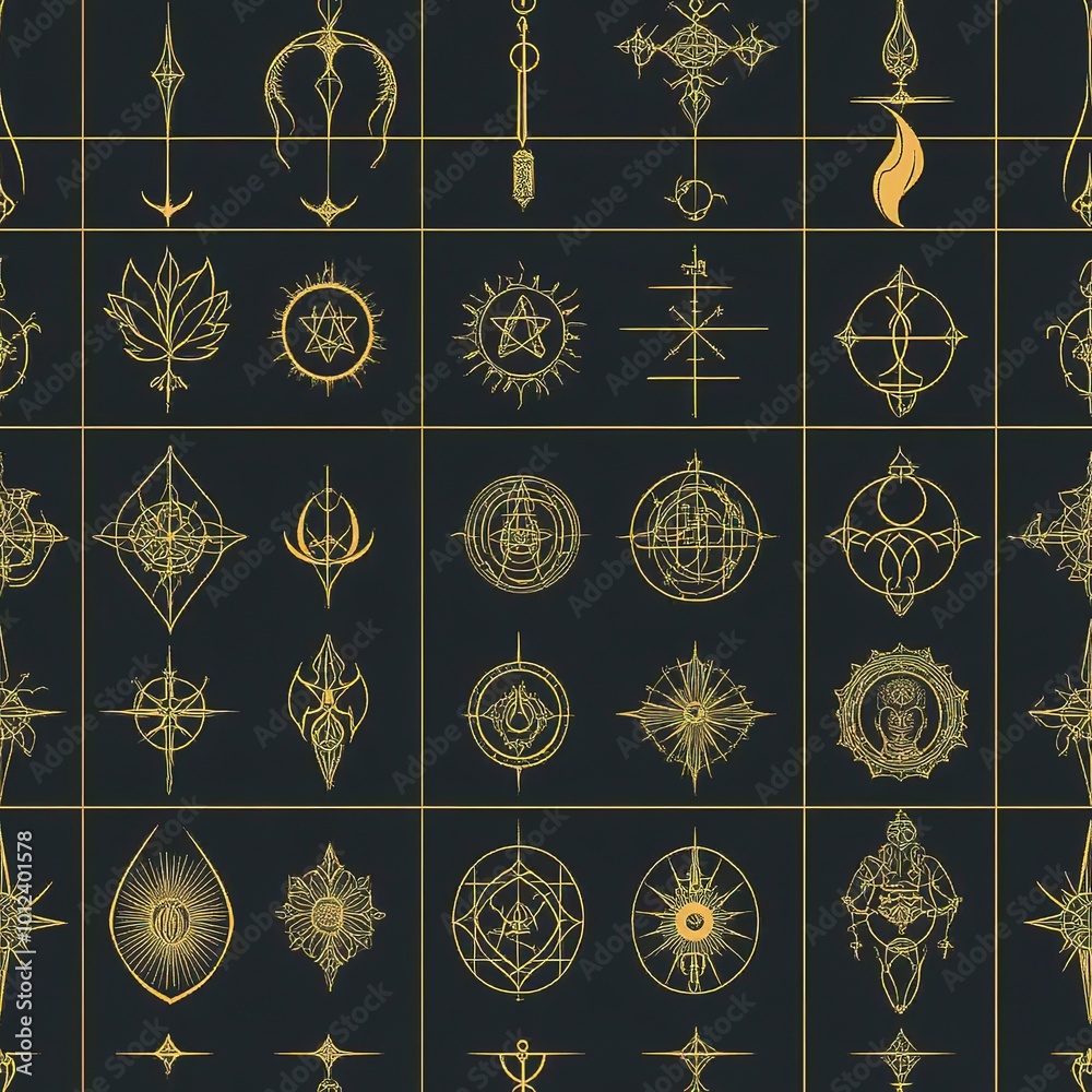 The image is a seamless pattern with golden mystical symbols on a black background. 