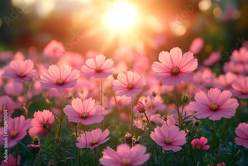 Pink Cosmos Flowers Blooming in a Field at Sunset with Sun Rays