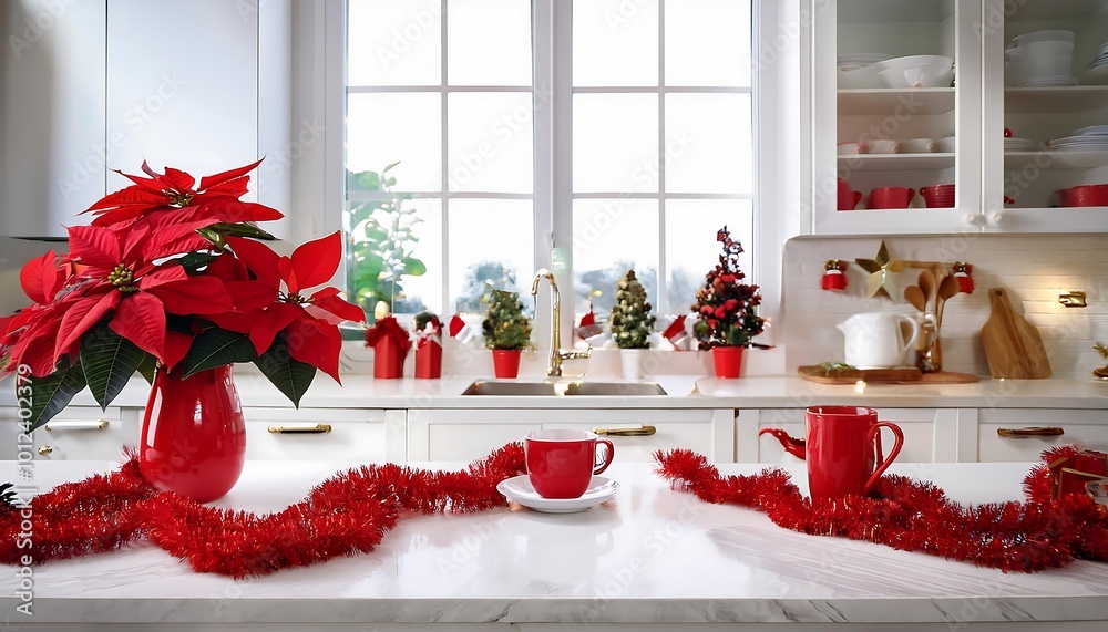 Fototapeta premium Festive white kitchen counter adorned with red Christmas decorations, featuring poinsettias and festive accents. Generative AI