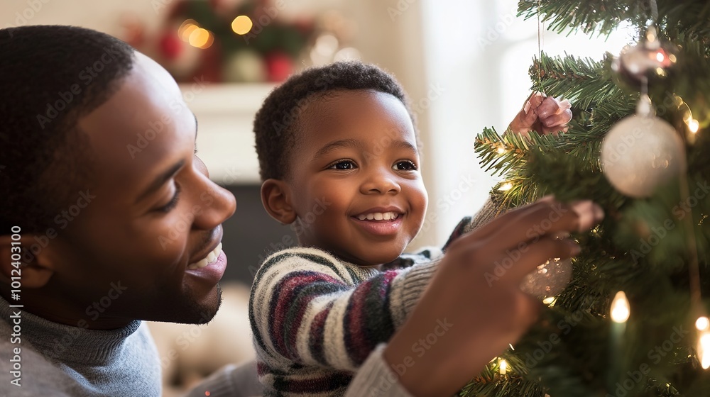 family decorating christmas tree