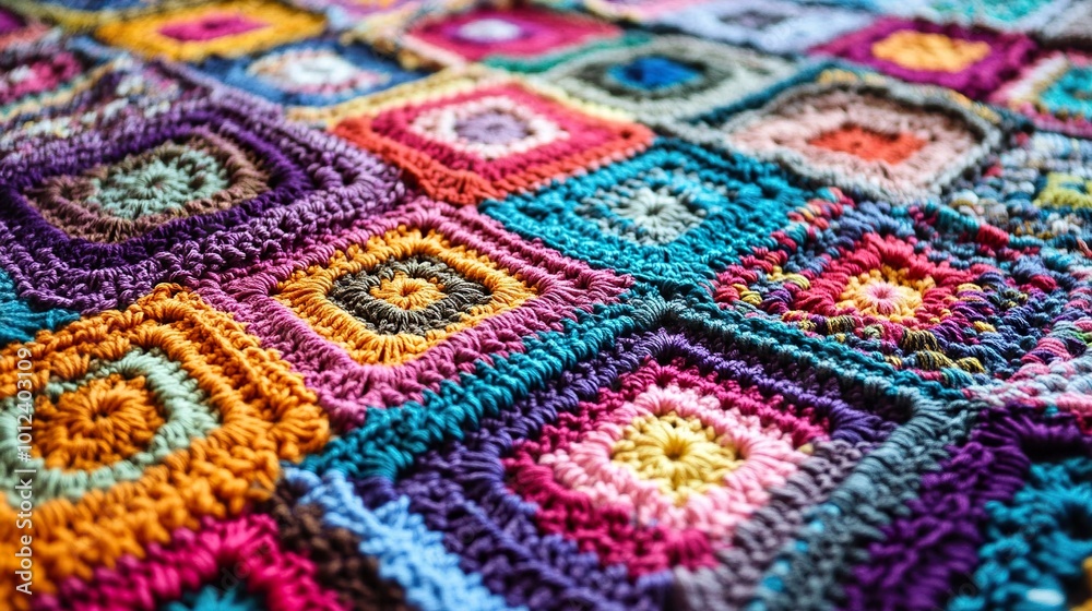 Colorful Crochet Blanket: A Close-Up View of Texture and Pattern Colorful Crochet Blanket: A Close-Up View of Texture and Pattern