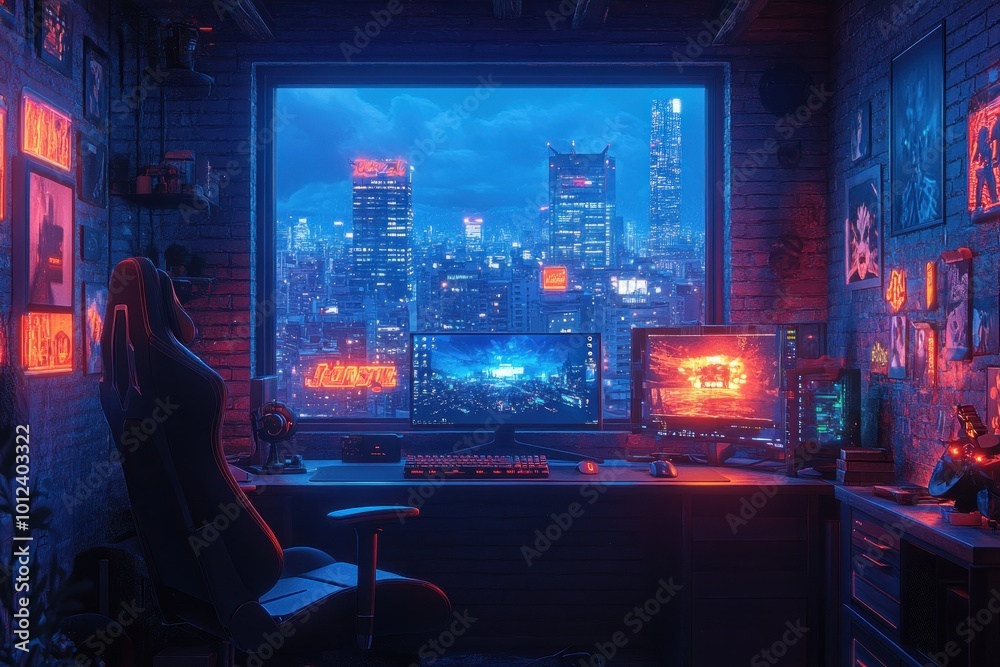 A modern gaming setup with a city view at night. The room is lit with neon lights and has a comfortable gaming chair. A modern gaming setup with a city view at night. The room is lit with neon lights and has a comfortable gaming chair.