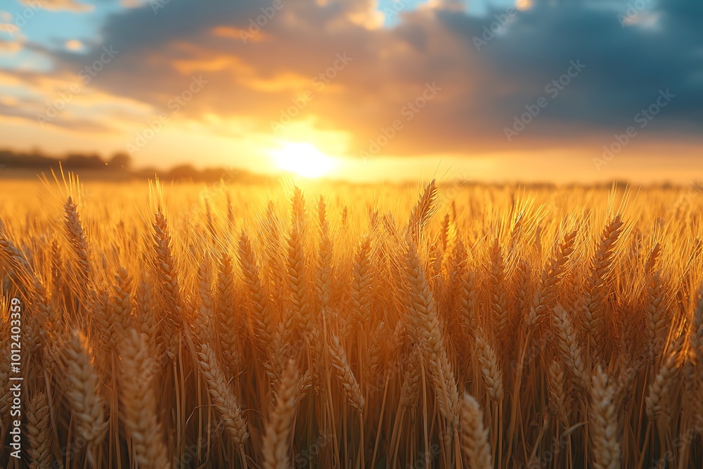 Golden wheat field at sunset with warm light, clouds and sun in the background Golden wheat field at sunset with warm light, clouds and sun in the background