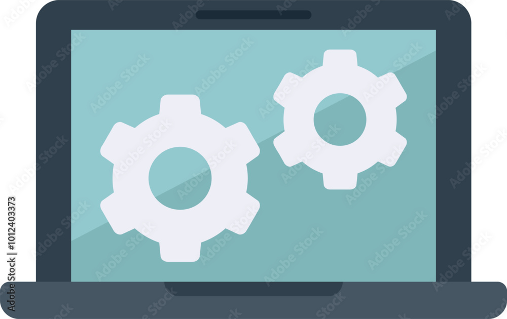 Laptop showing gears working, concept icon illustration in flat style Laptop showing gears working, concept icon illustration in flat style