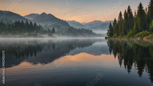 Serene Mountain Lake at Sunrise with Fog