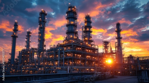 A large industrial complex with tall towers and pipes, illuminated by the setting sun. The sky is a mix of orange, red, and purple.