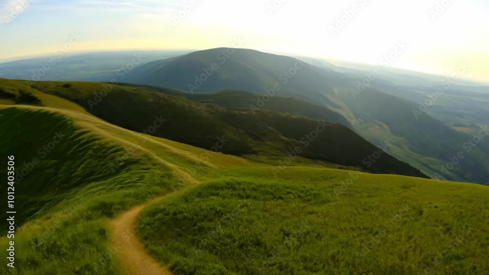 Vast mountain range with lush green hills rolling under a gentle sunlight. The horizon reveals a soft blend of sky and terrain, evoking feelings of peace and wilderness. Vast mountain range with lush green hills rolling under a gentle sunlight. The horizon reveals a soft blend of sky and terrain, evoking feelings of peace and wilderness.