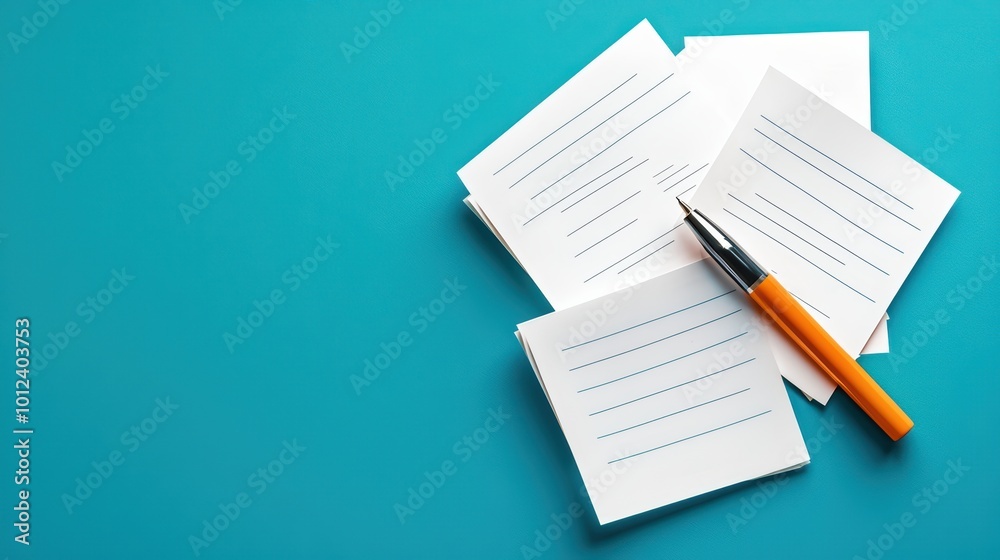 Stationery set with blank note papers and an orange pen on a blue background, perfect for creative writing or office use. Stationery set with blank note papers and an orange pen on a blue background, perfect for creative writing or office use.