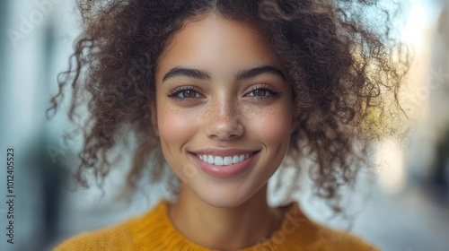 captivating portrait of a young woman with curly hair joyfully indulging in fast food outdoors radiating happiness and a carefree spirit amidst an urban backdrop