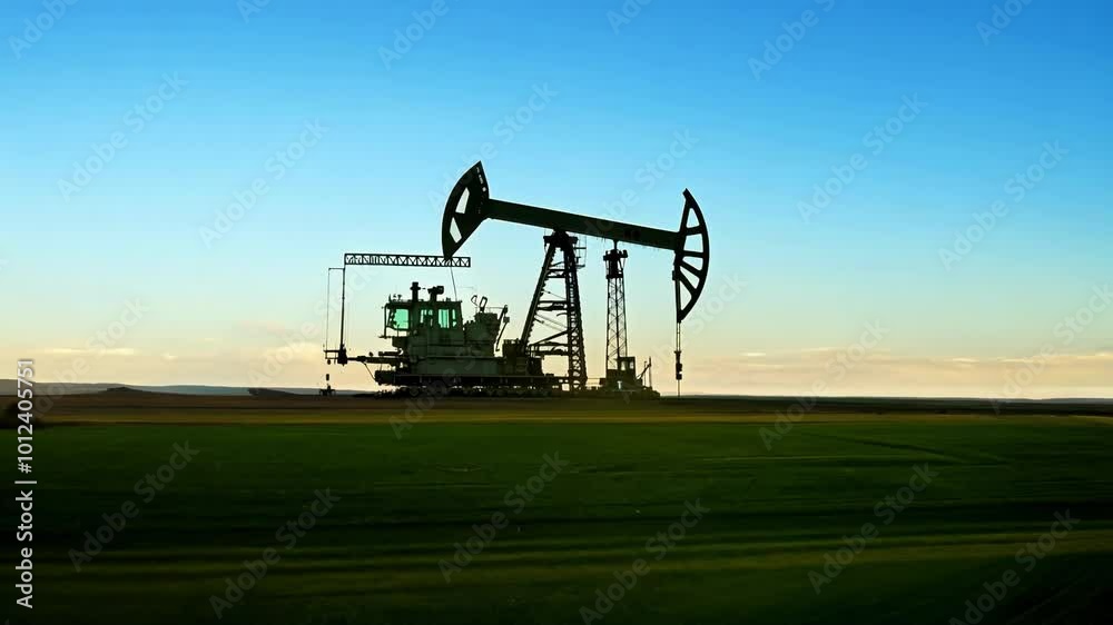 Oil pump jack working tirelessly in an open field under a clear blue sky. The scene represents energy extraction, production, and the power of natural resources. Oil pump jack working tirelessly in an open field under a clear blue sky. The scene represents energy extraction, production, and the power of natural resources.