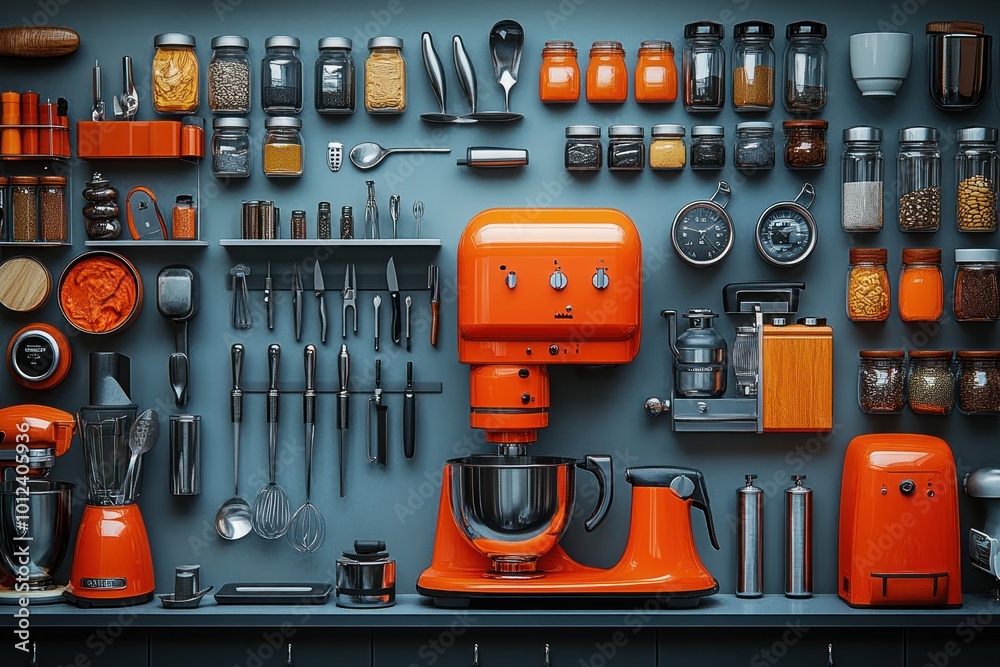 A kitchen wall with a stand mixer, blender, and various kitchen utensils and ingredients. A kitchen wall with a stand mixer, blender, and various kitchen utensils and ingredients.