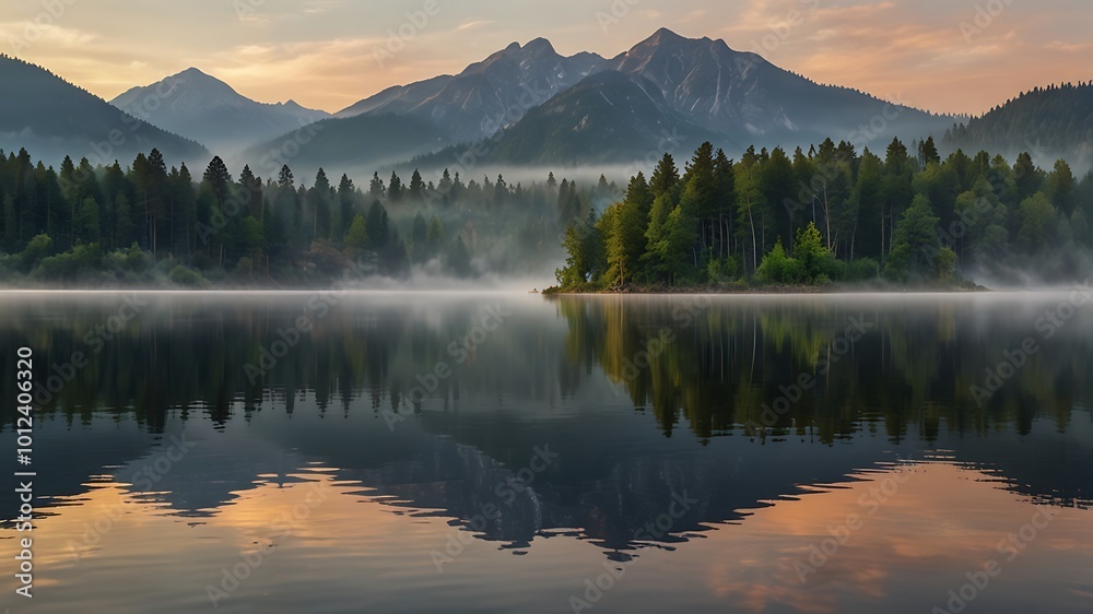 Fototapeta premium Misty Mountain Reflection at Sunrise