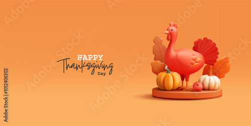 Thanksgiving banner, 3D domestic bird, pumpkin, autumn leaves. Autumn festive banner. Vector illustration