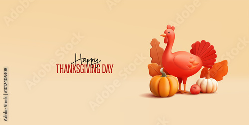 Happy Thanksgiving Banner. 3D orange character of domestic turkey bird. Modern banner for the concepts of celebrating the American family holiday, and traditions. Vector illustration.