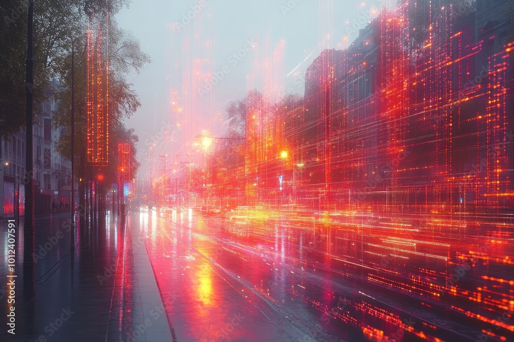 A blurred image of a city street with traffic lights, cars, and buildings in the background, overlaid with a digital effect of binary code and lines of light. A blurred image of a city street with traffic lights, cars, and buildings in the background, overlaid with a digital effect of binary code and lines of light.