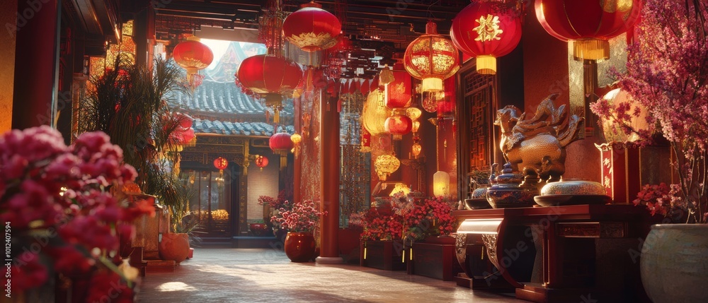 A captivating real-life image showcasing the vibrant festivities of Chinese New Year, with traditional decorations, lanterns, and cultural elements that bring the celebration to life A captivating real-life image showcasing the vibrant festivities of Chinese New Year, with traditional decorations, lanterns, and cultural elements that bring the celebration to life