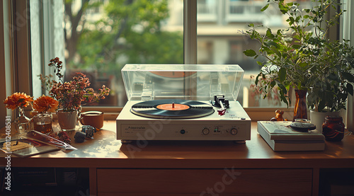 Close-up of a vintage record player in natural light with retro design photo