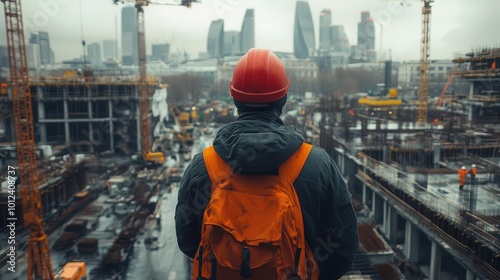 civil engineer surveying an active construction site surrounded by cranes and building materials showcasing focus and dedication to urban development and architecture