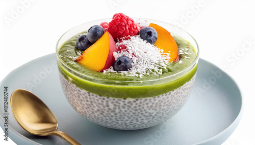 A glass bowl holds a layered chia pudding: a creamy white base topped with vibrant green matcha, fresh peach slices, raspberries, blueberries, and shredded coconut. The background is white. photo