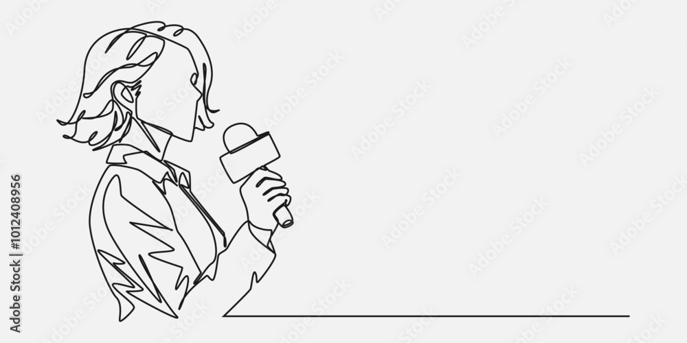 Continuous one line drawing of female reporter, journalist with a news microphone in hand. Isolated background. Vector illustration. Continuous one line drawing of female reporter, journalist with a news microphone in hand. Isolated background. Vector illustration.