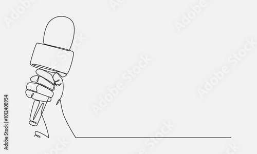 Continuous one line drawing of hand holding news microphone. Editable line. Isolated background. Vector illustration.