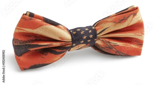 A creative, artistic bow tie in the shape of the U.S. flag, set on a single-color background. The watercolor texture gives it a soft, handmade feel. photo