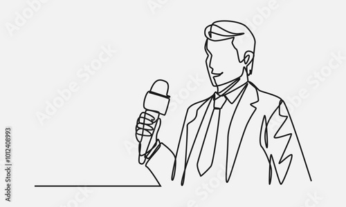 Continuous one line drawing of male reporter, journalist with a news microphone in hand. Isolated background. Vector illustration.