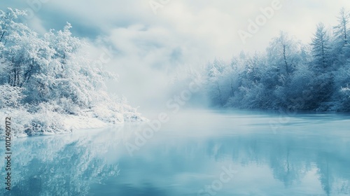 A serene winter landscape with snow-covered trees reflected in a frozen lake.