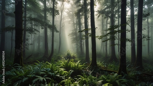 Sunbeams Through Misty Forest