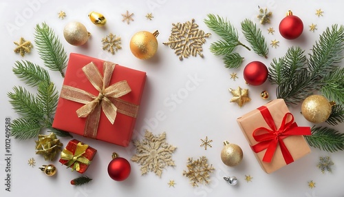 Stylish wrapped presents in red and gold decorate a minimalist white Christmas background. Generative AI