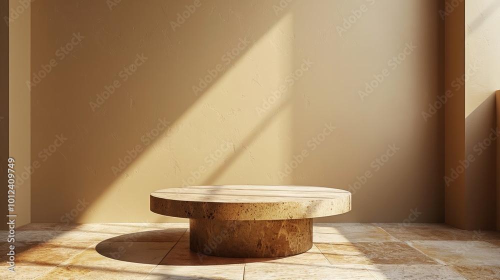 A simple wooden podium with a tan background, perfect for displaying products or showcasing branding.