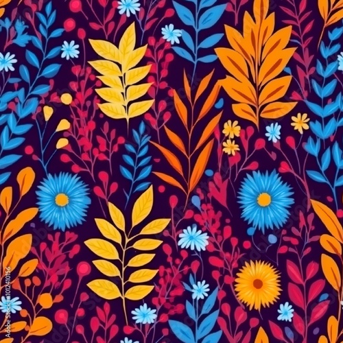 flowers and foliage colorful pattern spring summer background.  