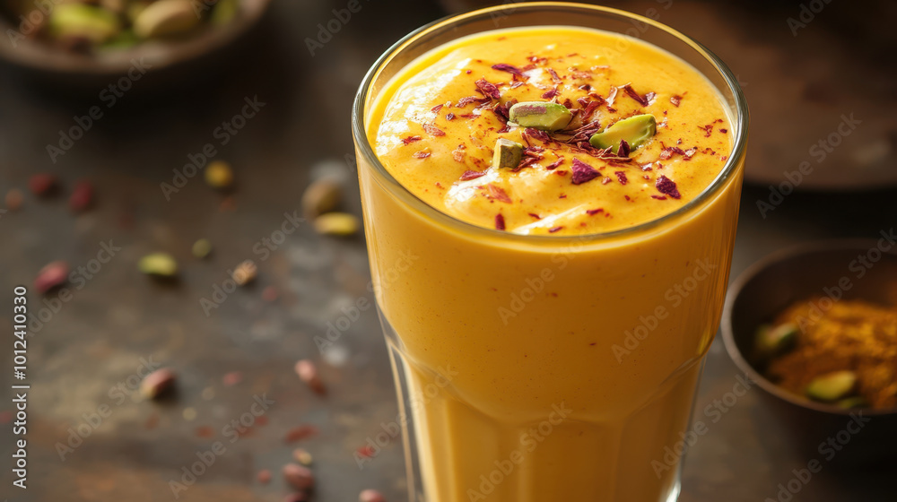 Creamy lassi with saffron and pistachios served in tall glass, garnished with rose petals, offers refreshing and flavorful experience. Perfect for warm days! Creamy lassi with saffron and pistachios served in tall glass, garnished with rose petals, offers refreshing and flavorful experience. Perfect for warm days!