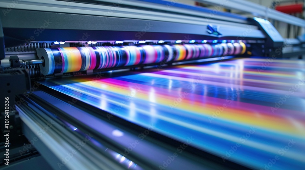Close-up of a large format printer with colorful ink cartridges and a sheet of paper being printed. Close-up of a large format printer with colorful ink cartridges and a sheet of paper being printed.