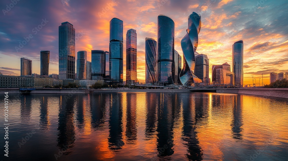 Fototapeta premium A stunning view of a modern cityscape with skyscrapers reflecting in the water at sunset.