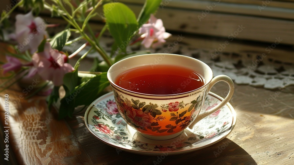 A Floral Teacup Filled with Red Tea on a Wooden Table A Floral Teacup Filled with Red Tea on a Wooden Table