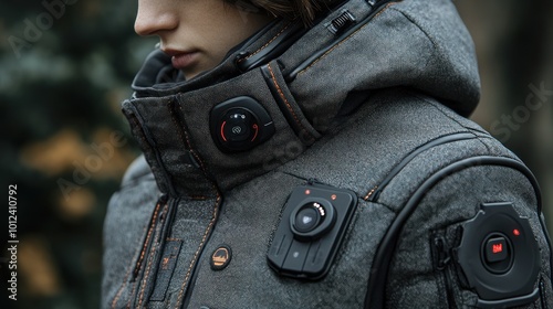 Closeup of a woman wearing a futuristic gray jacket with several technological attachments.