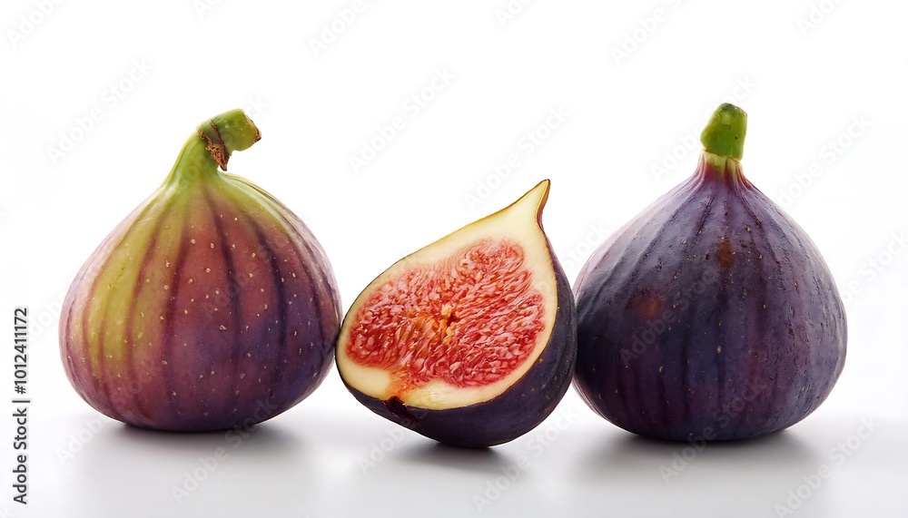 A minimalistic display of whole and halved figs on a bright white background showcasing their texture and color. Generative AI A minimalistic display of whole and halved figs on a bright white background showcasing their texture and color. Generative AI