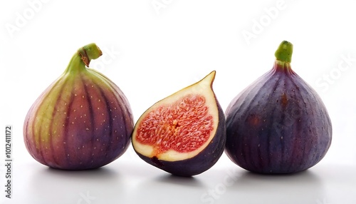 A minimalistic display of whole and halved figs on a bright white background showcasing their texture and color. Generative AI