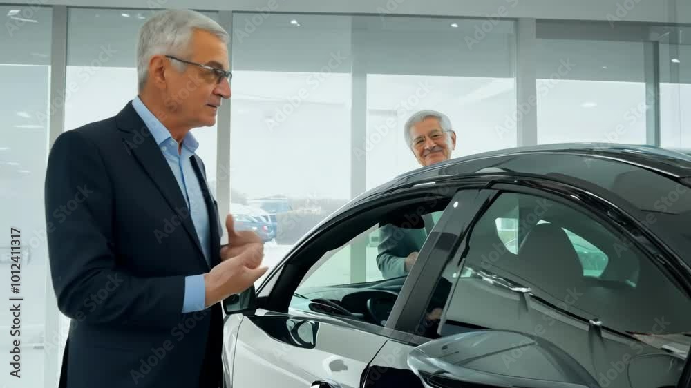 A senior businessman in a suit smiling confidently while standing near a luxury car inside a dealership, symbolizing success and leadership. A senior businessman in a suit smiling confidently while standing near a luxury car inside a dealership, symbolizing success and leadership.