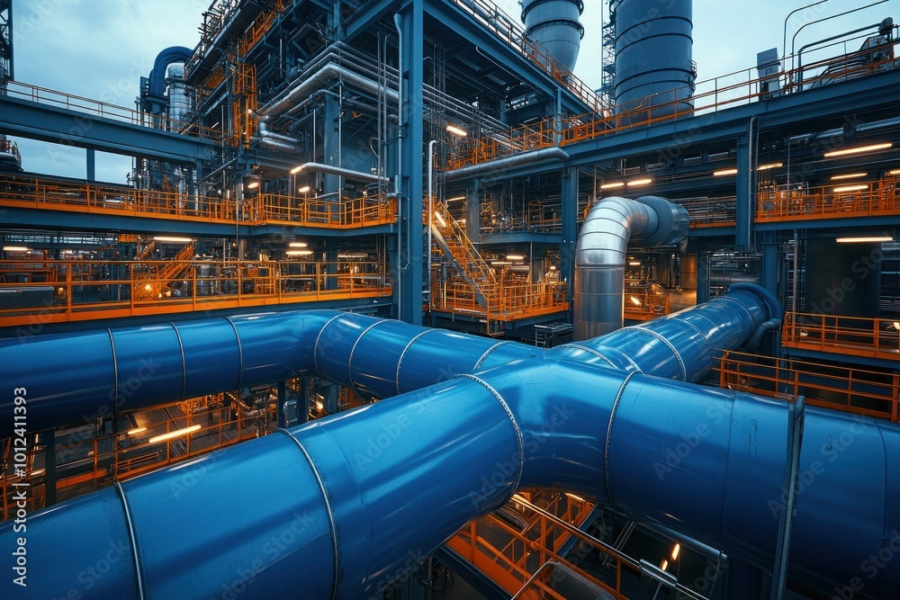A close-up view of a large industrial complex with blue pipes, metal structures, and catwalks. A close-up view of a large industrial complex with blue pipes, metal structures, and catwalks.
