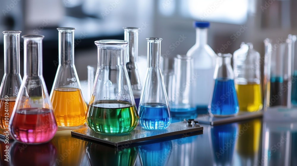 An engaging and educational depiction of a General Chemistry Laboratory, showcasing a variety of laboratory equipment, including beakers, test tubes, Bunsen burners, and safety goggles arranged An engaging and educational depiction of a General Chemistry Laboratory, showcasing a variety of laboratory equipment, including beakers, test tubes, Bunsen burners, and safety goggles arranged
