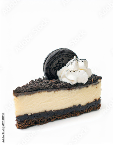 Indulge in this decadent Oreo cheesecake slice! Creamy filling, chocolate cookie crust, topped with whipped cream and a chocolate cookie. A perfect dessert for any occasion. Sweetness redefined! photo