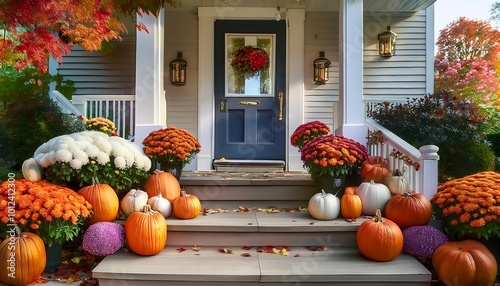 A charming autumn porch adorned with a mix of vibrant orange and white pumpkins amid colorful fall foliage. Generative AI