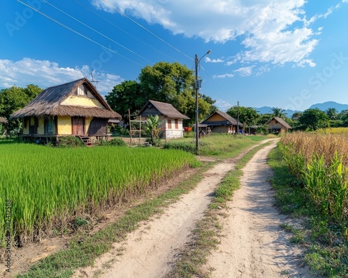 A tranquil pathway meanders through vibrant rice fields, leading to charming rural homes. This scenic landscape showcases the beauty of rural life and nature.